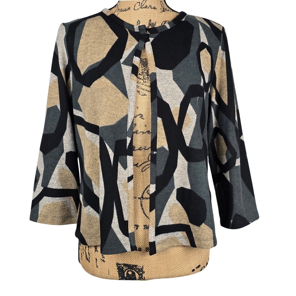 Cute I.N. Studio Abstract Geometric Cardigan Sweater Women Size 8 Black Tan Gray